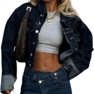 IjnUhb Women's Cropped Denim Jacket Button Up Long Sleeve Turn-Up Cuff Jean Jacket Women Coat