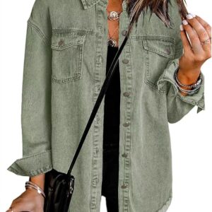 Jean Jackets for Women Oversized Button Up Frayed Hem Shacket Casual Long Sleeve Denim Jean Jackets Coat with Pockets