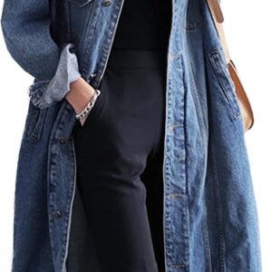 Jofemuho Womens Classic Jean Jacket Plus Size Loose Long Sleeve Button Down Denim Trench Coat