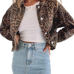 Justalwart Women's Leopard Print Retro Shape Button-up Front Bomber Jacket