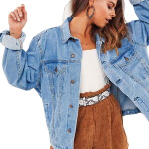 Justalwart Women's Oversized Vintage Denim Jacket Long Sleeve Boyfriend Coat