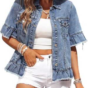 Kedera Short Sleeve Denim Jacket for Women Lightweight Blue Jean Jackets Ruffle Sleeve Denim Shirt Summer Top