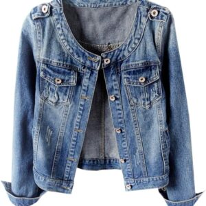 Kedera Women's Denim Jacket Button Down Collarless Long Sleeve Washed Cute Jean Jackets
