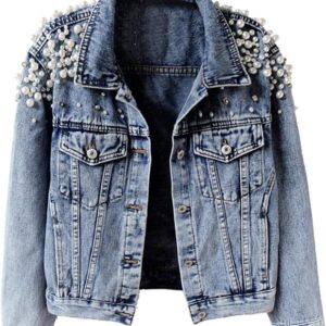 Kedera Women's Jean Jacket Embroidered Rivet Pearl Short Denim Jacket Coat