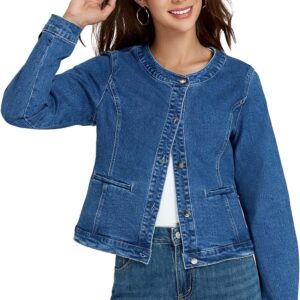 LifeShe Cropped Denim Jacket for Women Stretch Collarless Jean Jackets Slim Fall Crop Shacket Tendy