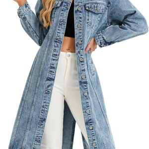 LifeShe Women Denim Jacket Button Down Maxi Long Jean Trench Coat With Pocket