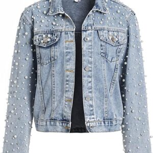 LifeShe Women's Pearls Denim Jacket Cropped Rhinestones Jean Jacket Coat