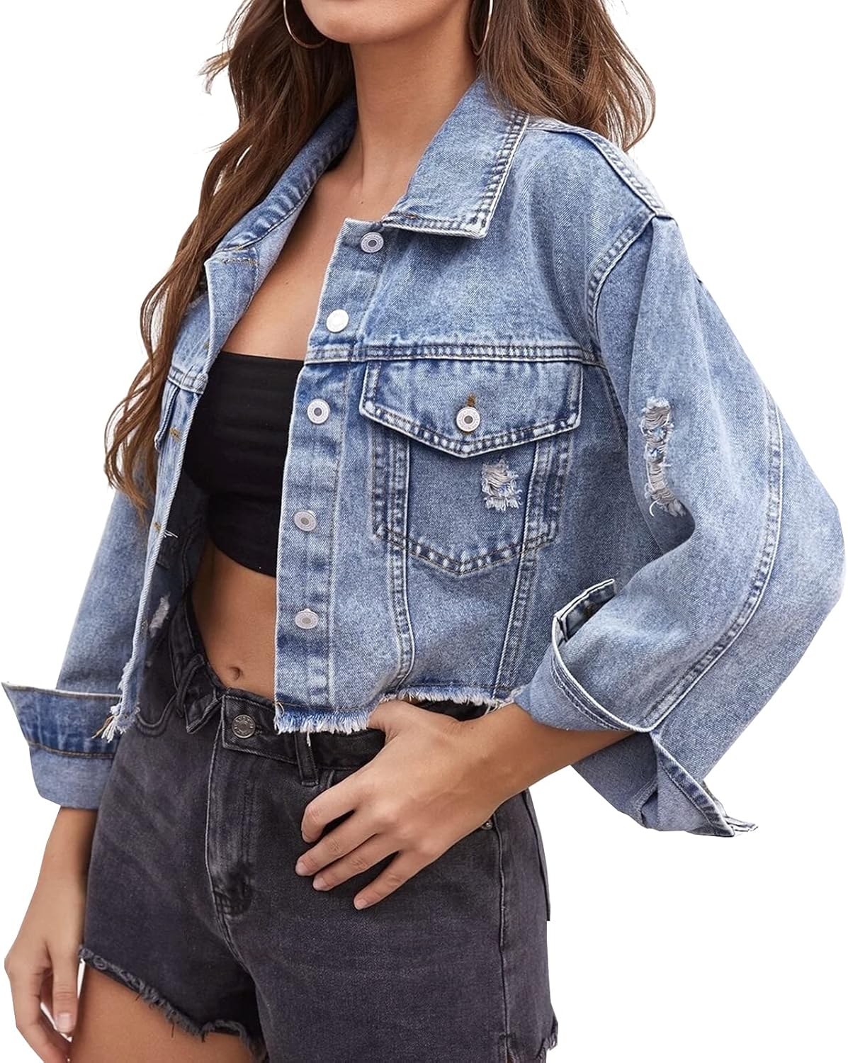 LONGYIDA Women's Cropped Denim Jacket | Distressed Button-Down Jean Jacket | Long Sleeve Ripped & Frayed Blue Coat - Image 2