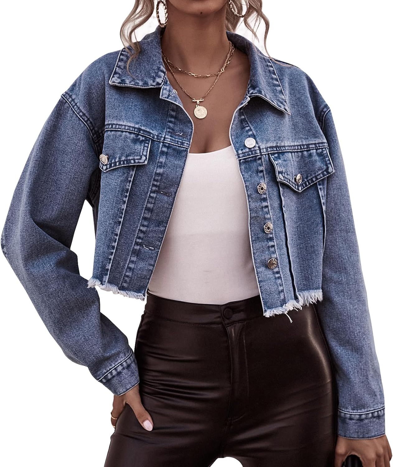 LONGYIDA Women's Cropped Denim Jacket | Distressed Button-Down Jean Jacket | Long Sleeve Ripped & Frayed Blue Coat - Image 8