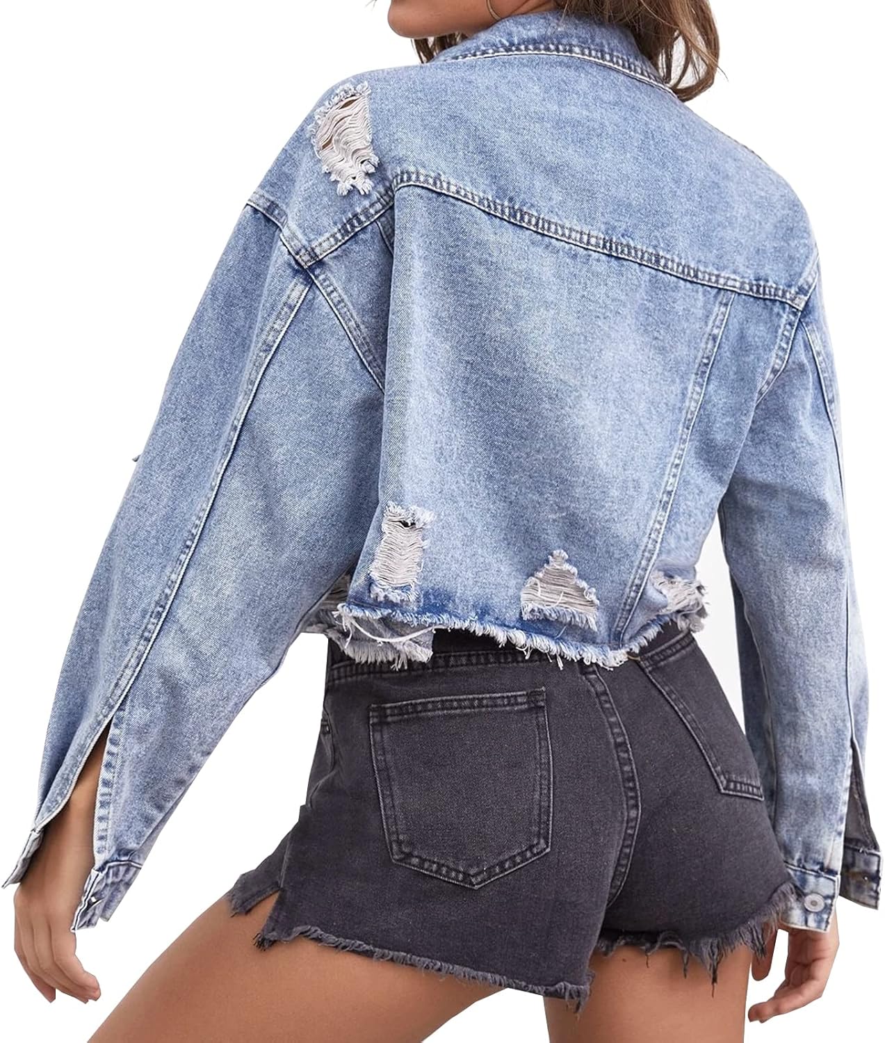 LONGYIDA Women's Cropped Denim Jacket | Distressed Button-Down Jean Jacket | Long Sleeve Ripped & Frayed Blue Coat - Image 3