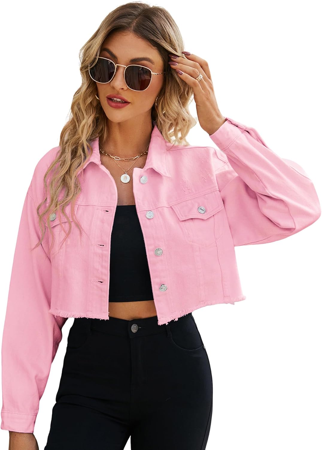 LONGYIDA Women's Cropped Denim Jacket | Distressed Button-Down Jean Jacket | Long Sleeve Ripped & Frayed Blue Coat - Image 12