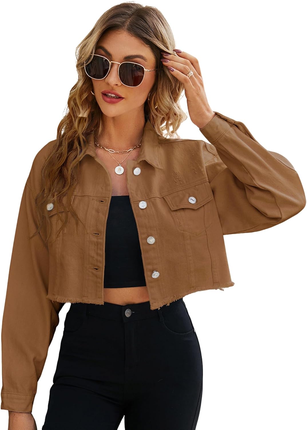 LONGYIDA Women's Cropped Denim Jacket | Distressed Button-Down Jean Jacket | Long Sleeve Ripped & Frayed Blue Coat - Image 11