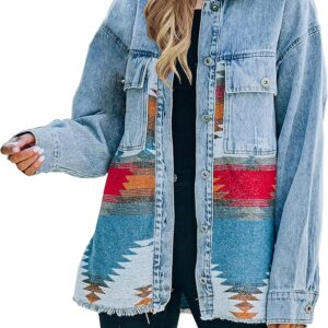 Lumister Women's Aztec Denim Jacket Distressed Lapel Long Sleeve Vintage Button Down Denim Jacket Shacket