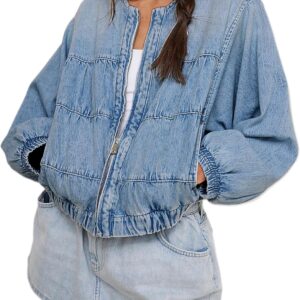 Lumister Womens Cropped Jean Jacket Oversized Zipped Long Sleeves Denim Jacket