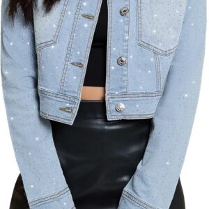 luvamia Cropped Jean Jacket Women Trendy Rhinestone Embellished Going Out Party Short Stretchy Trucker Denim Jackets