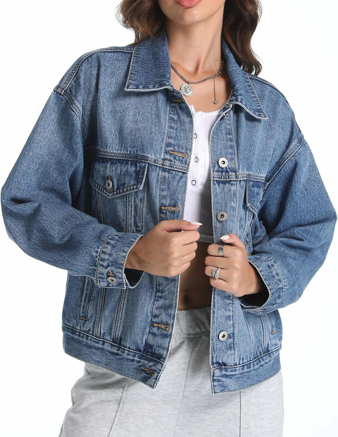 Mefija Women's Denim Jackets Long Sleeve Loose Fitted Jean Jacket Coats with Pocket 2025