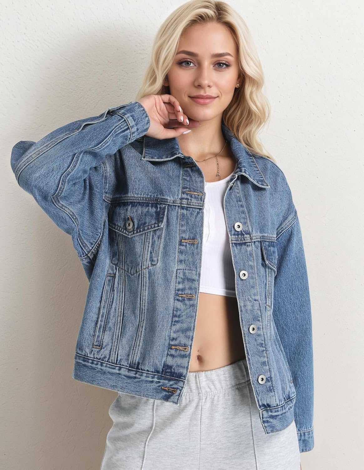 Mefija Women's Denim Jackets Long Sleeve Loose Fitted Jean Jacket Coats with Pocket 2025 - Image 5