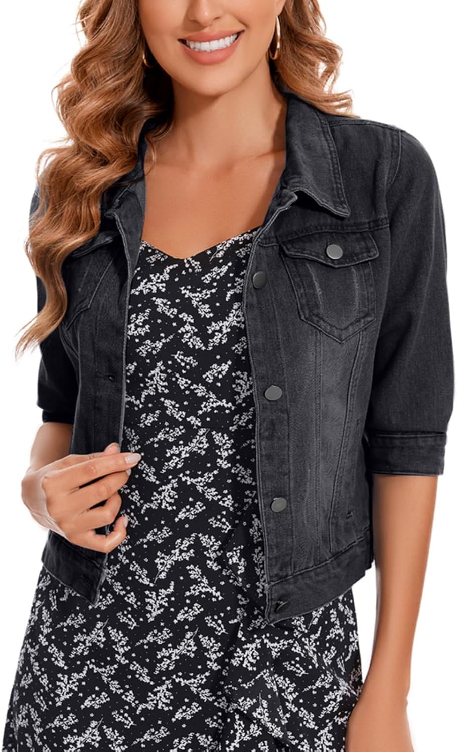 MINTLIMIT Women's Cropped Denim Jacket 2025 Lapel Jean Coat Button Trendy 3\/4 Sleeve Stretch Short Plus Size Denim Jacket - Image 8