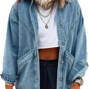 MJFCS YAENH Women's Casual Oversized Button Up Denim Jackets Shacket Long Sleeve Pockets Denim Jean Jacket with Huge Pockets