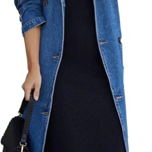 MJFCS YAENH Women's Vintage Notched Collar Double Breasted Over Knee Midi Long Denim Jacket Trench Coat with Belt