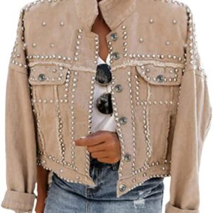 Omoone Women's Long Sleeve Rivet Studded Denim Jacket Casual Washed Pearl Short Jean Coat