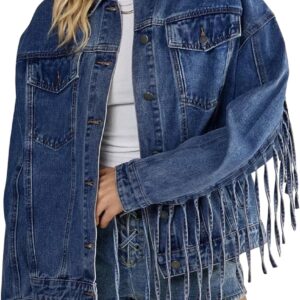 Omoone Women's Oversized Denim Fringed Jacket Tassel Jean Jackets Fall Outfits 2025 with Pockets