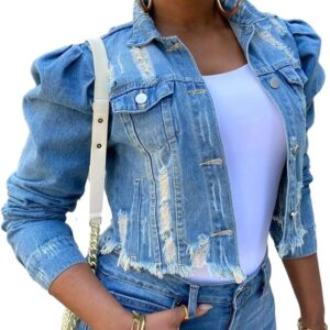Omoone Women's Ripped Puff Sleeve Denim Crop Top Long-Sleeve Cropped Jean Jacket