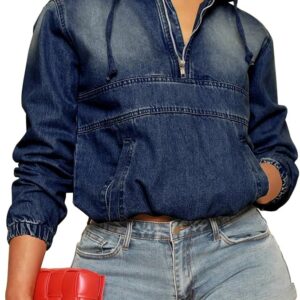 PINSV Women's Half Zip Denim Hoodie Pullover Jacket Jean Sweatshirt Tops