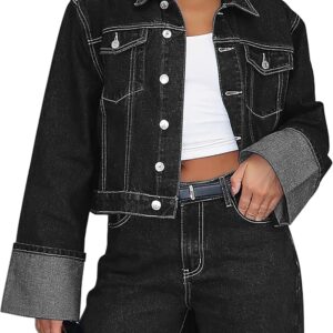 POLIRO Women's Denim Jacket Long Sleeve Button Down Jean Jacket Women with Pockets