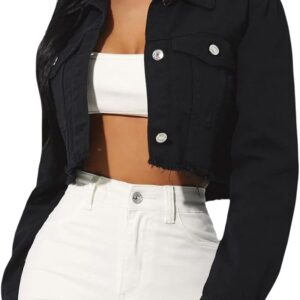PuiLean Women's Button Down Jacket Long Sleeve Cropped Top Denim Jeans Coat