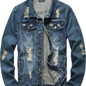 RANMCC Jean Jacket for Men Slim Fit Ripped Denim Jacket Coat