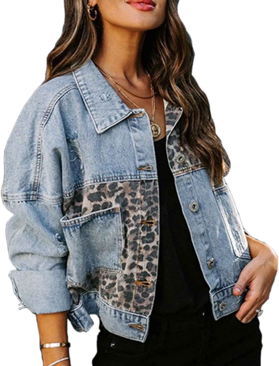 RINTONIX Womens Loose Button Down Cropped Distressed Leopard Denim Jackets Washed Long Sleeve Ripped Cheetah Jean Coat - Image 3