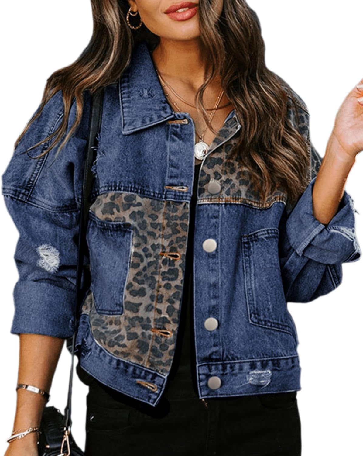 RINTONIX Womens Loose Button Down Cropped Distressed Leopard Denim Jackets Washed Long Sleeve Ripped Cheetah Jean Coat - Image 9