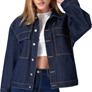 roswear Denim Jacket Coat for Women with Flap Chest Pockets Casual Oversized Jean Jackets