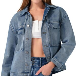 roswear Denim Jacket Coat for Women with Flap Chest Pockets Casual Oversized Jean Jackets