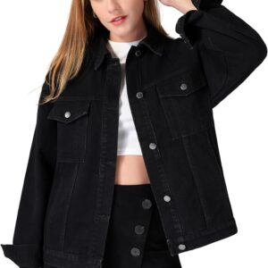 roswear Jean Jacket Women Oversized Long Sleeves Button Up Washed Denim Western Jackets Trucker Coat