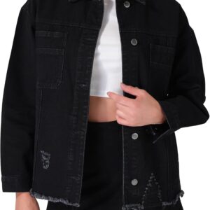roswear Women\u2019s Jean Jackets Long Sleeves with Fringe Oversized Distressed Denim Trucker Jacket Coat
