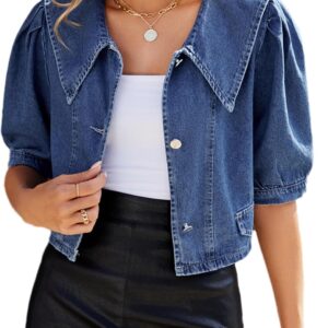 Sdipipo Womens Casual Jacket Cute Short Puff Sleeves Button Down Cropped Jean Denim Jacket Trucker Coat Shirt Top