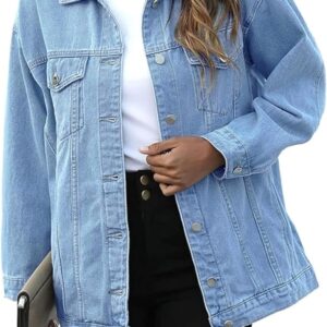 SeekMe Women's Oversized Jean Jacket Plus Size Button Down Washed Mid Long Denim Jacket