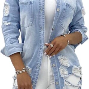 SeNight Women's Jean Jacket Long Sleeve Classic Distressed Fray Hem Tassels Denim Trucker Jackets