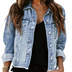 Sidefeel Women's Denim Jacket Long Sleeve Button Distressed Ripped Zimbaplatinum Jean Coat