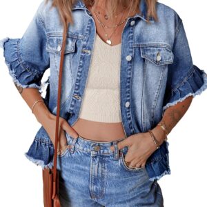 Sidefeel Womens Jean Jacket Casual Short Sleeve Button Down Trendy Ruffle Washed Denim Jacket Fall Outfits 2025