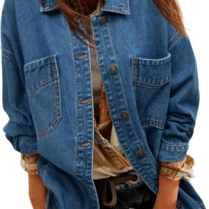 Sidefeel Women's Jean Jacket Oversized Boyfriend Button Up Long Sleeve Split Zimbaplatinum Denim Jackets