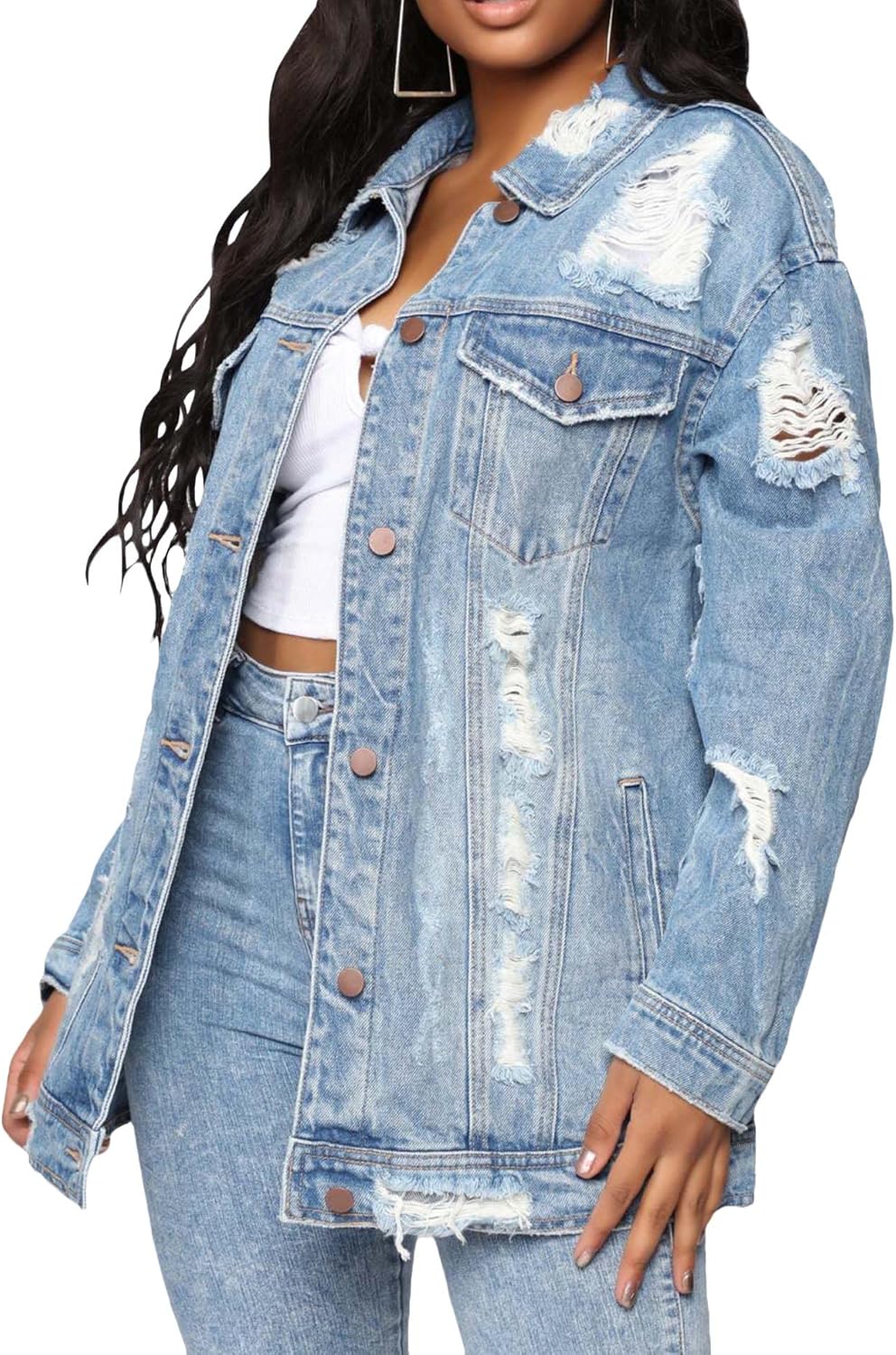 SOMTHRON Women's Distressed Denim Jeans Outfits Coat Spring Fall Ripped Jeans Outerwear Denim Jacket