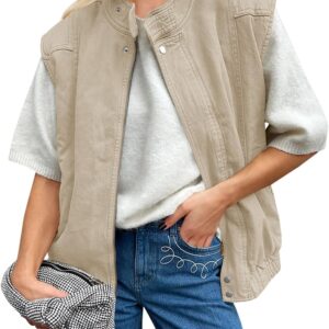 Tankaneo Womens Denim Vest Stand Collar Zip Up Jean Vest Utility Cargo Sleeveless Oversized Jackets