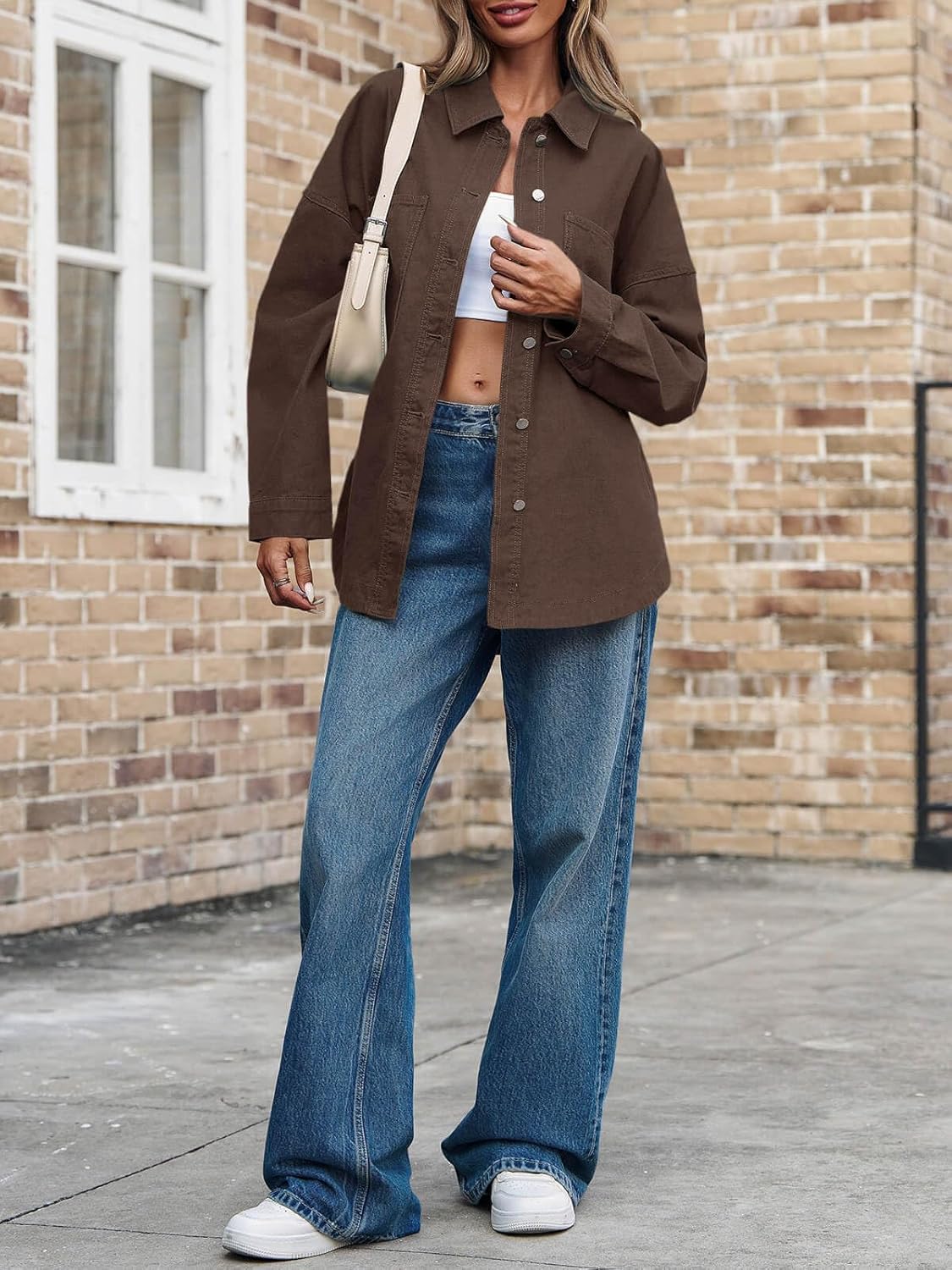 Tankaneo Womens Oversized Denim Shirt Jacket Button Down Long Sleeve Fall Casual Jean Shackets - Image 4