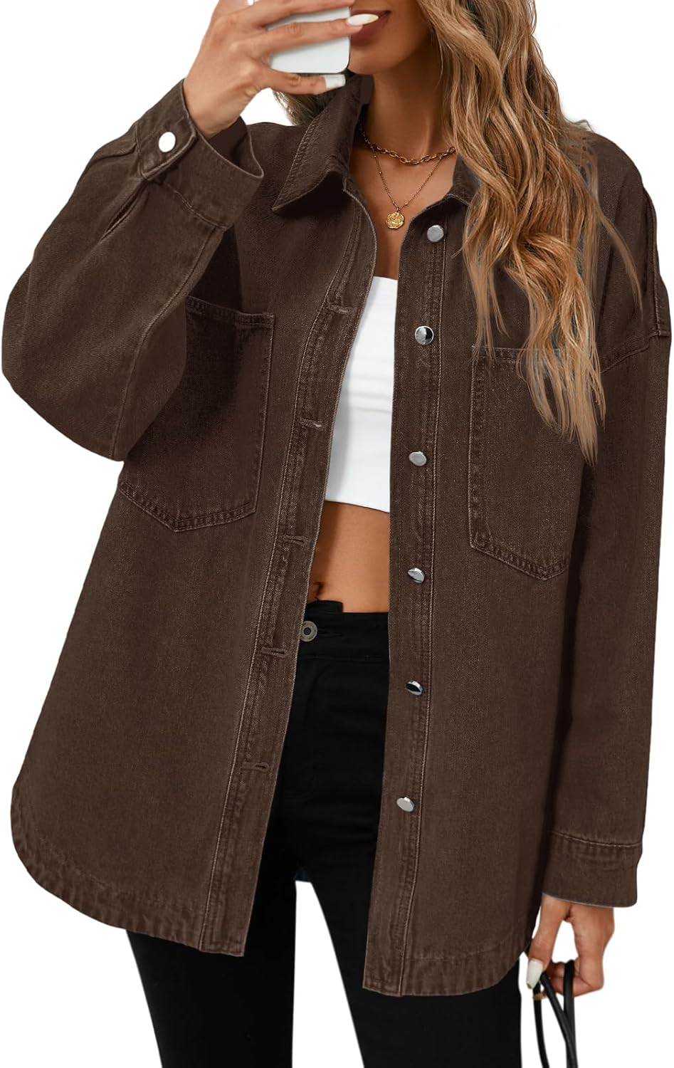 Tankaneo Womens Oversized Denim Shirt Jacket Button Down Long Sleeve Fall Casual Jean Shackets