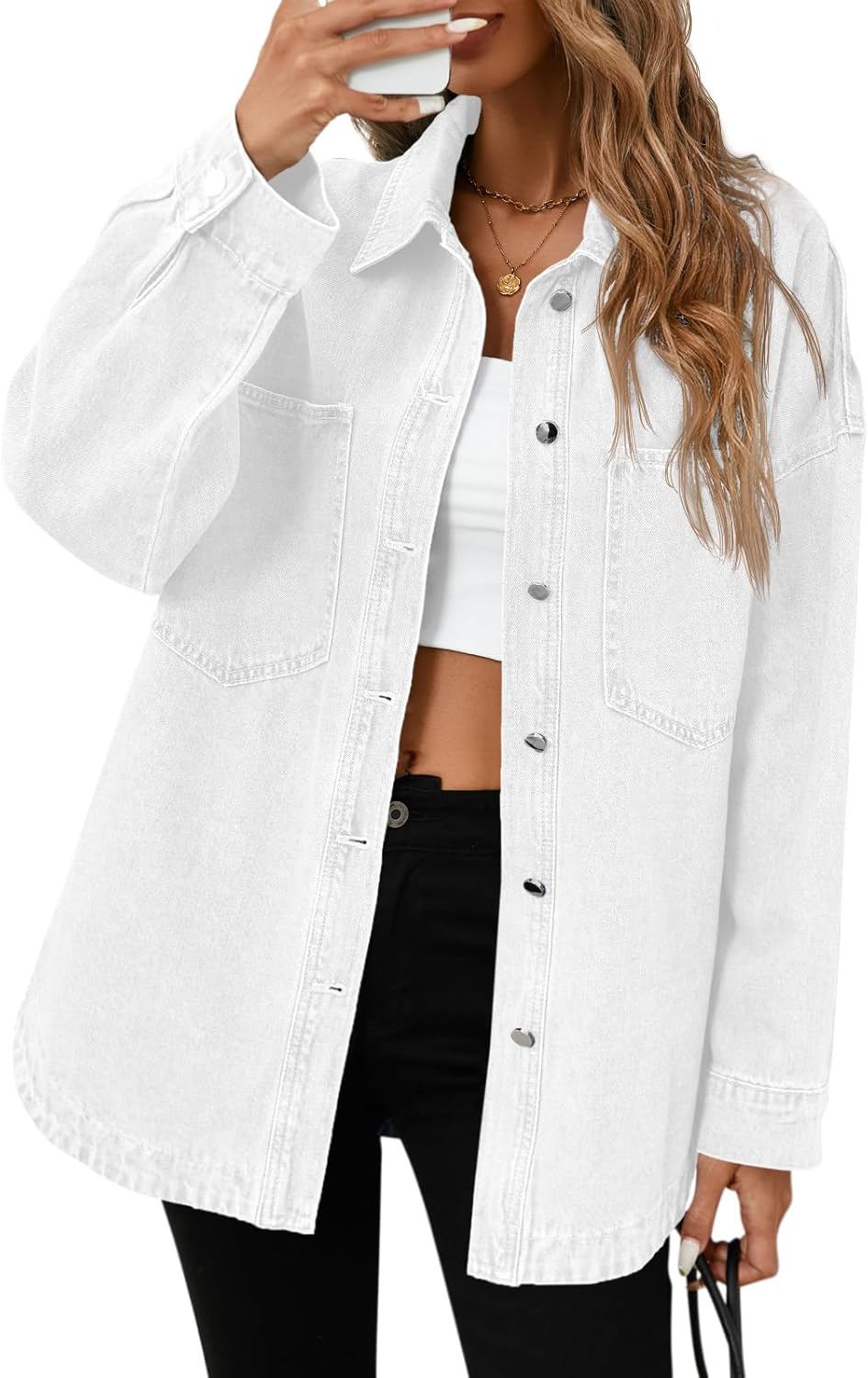 Tankaneo Womens Oversized Denim Shirt Jacket Button Down Long Sleeve Fall Casual Jean Shackets - Image 7