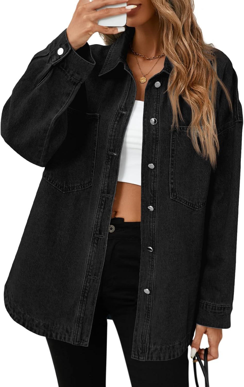 Tankaneo Womens Oversized Denim Shirt Jacket Button Down Long Sleeve Fall Casual Jean Shackets - Image 6