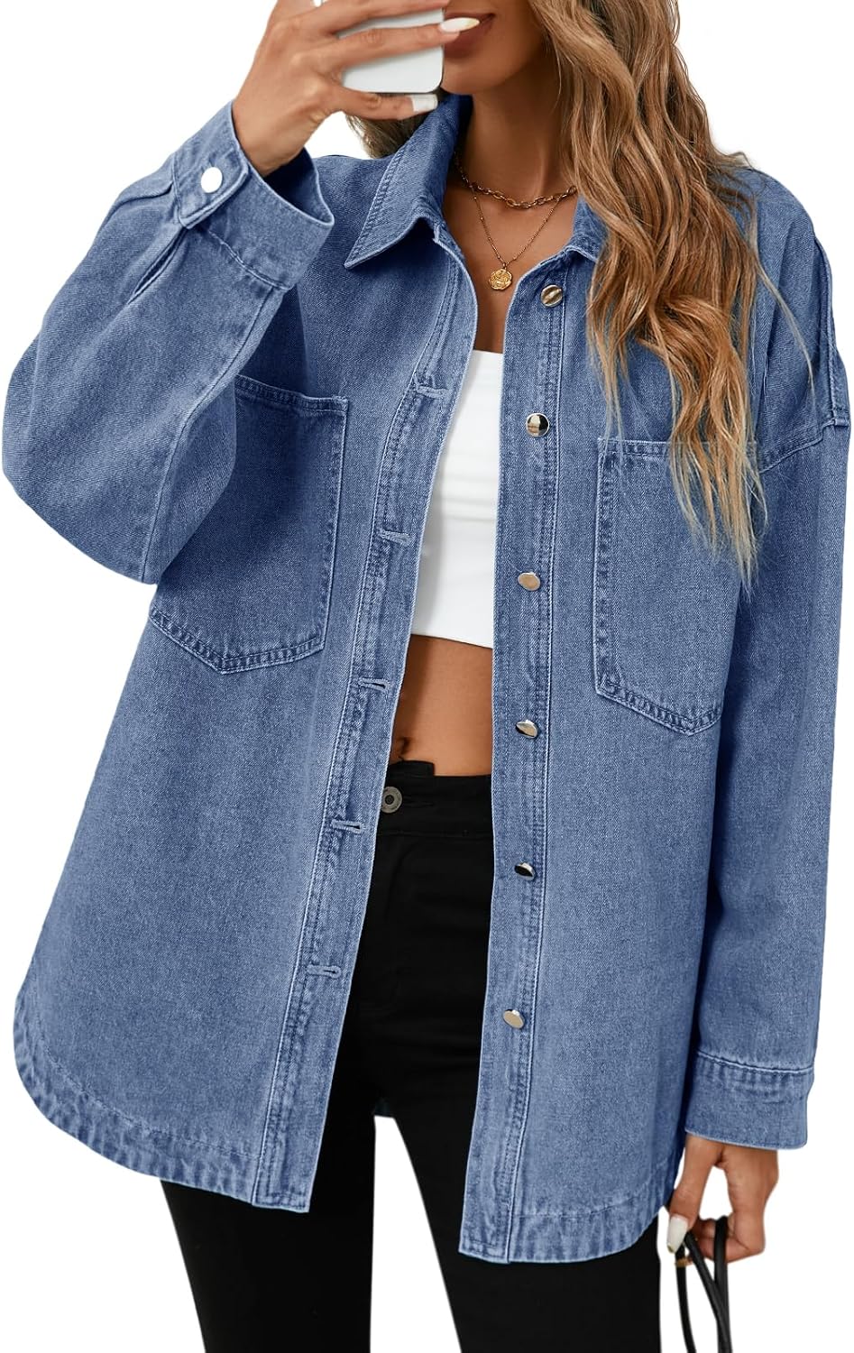 Tankaneo Womens Oversized Denim Shirt Jacket Button Down Long Sleeve Fall Casual Jean Shackets - Image 11